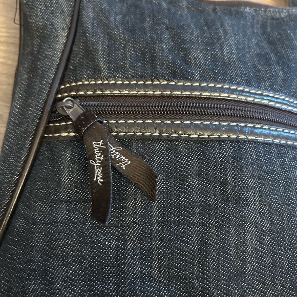 Thirty-One Gifts Denim Crossbody Bag Brown Trim Adjustable Strap - Picture 2 of 8